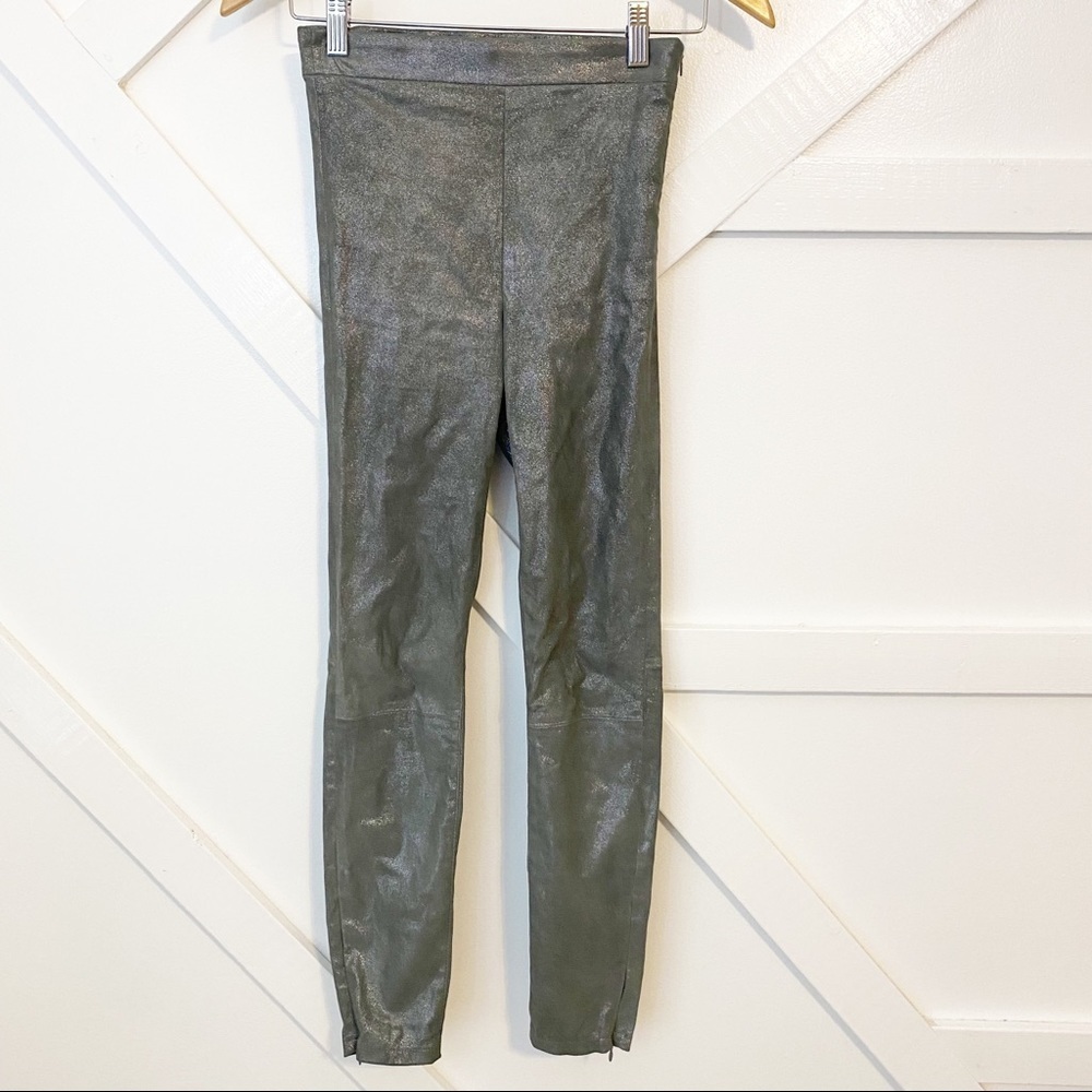 J Brand High Rise Italian Lamb Leather Zip Ankle Skinny Fit Pants Silver Sz 26